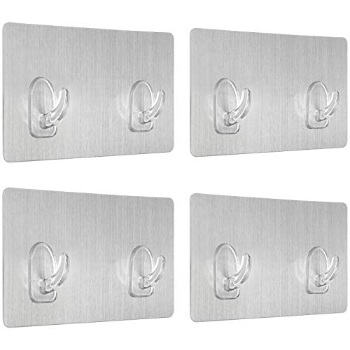 com-four® 4x Doppel-Wandhaken in Metall-Optik - Wunderhaken auf Selbstklebepad - Klebehaken ohne Bohren (4 Stück - Doppelwandhaken Metalloptik)