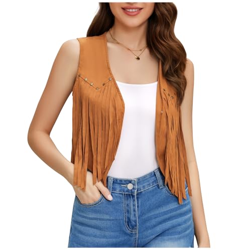 JASGOOD Women's Tassel Vest 70s Hippie Faux Suede Sleeveless Fringe Jacket Western Outfit for Women