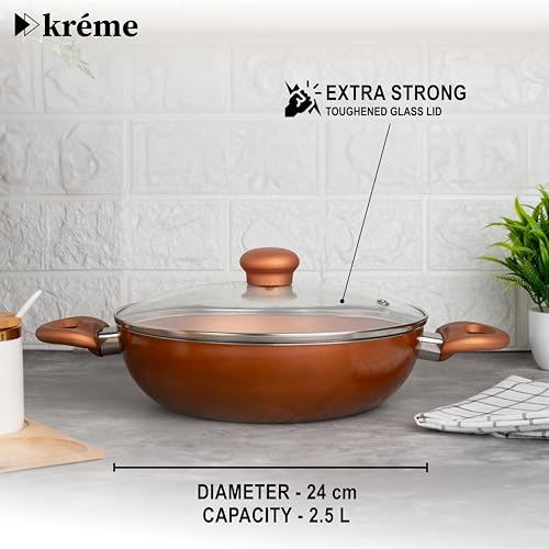Image of Kreme Sonet Non-Stick Frying Kadai with Glass Lid | 2.5 Litre & 24 cm Induction and Gas Compatible Cookware Kadhai | Scratch Resistant Kadai for Cooking Curry, Dal, Rice & Biryani, Bronze