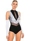 RUNQHUI Damen Tanzbody Sport Turnanzug glänzenden Ballett Trikot Tanz-Body Mesh Patchwork Bodysuit mit Handschuhe Trikotanzug Tanzkostüm Silber L