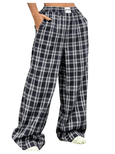 MakeMeChic Women's Plus Size Gingham Plaid Elastic High Waist Wide Leg Pocket Baggy Loose Y2K Trousers Pants Loungewear