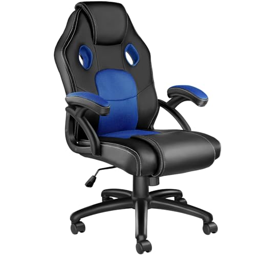 tectake® Silla Gaming, Silla Ergonomica Escritorio, Ordenador, Altura Ajustable, 5 Ruedas Dobles, Diseño Moderno, Acolchado Grueso, Tejido de Malla, Silla Oficina, Silla Escritorio   Negro/Azul