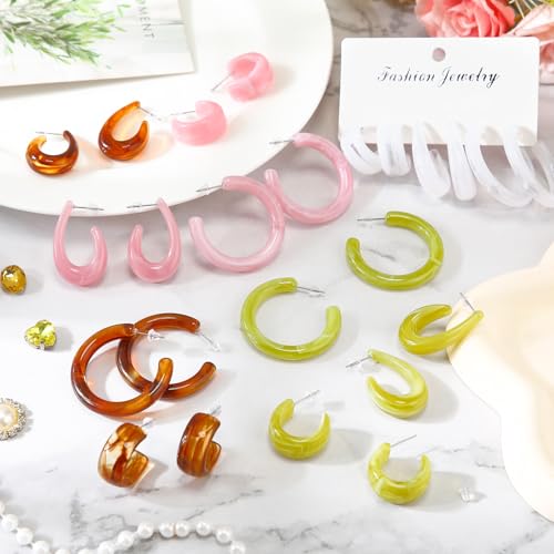 12 Pairs Acrylic Resin Hoop Earrings Set for Women Vintage Colorful C-shaped Hoop Earrings Acetic Acid Board Jewelry Gifts Fashion Accessories4