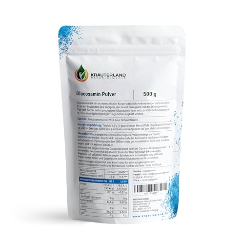 Kräuterland Glucosamin Pulver 500g - hochrein und hochdosiert - 100% reines Glucosaminsulfat Pulver in Premium Qualität