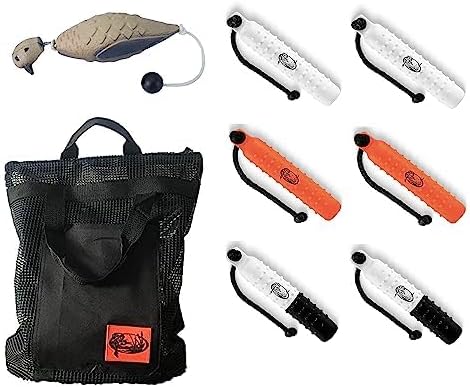 Dog Training Kit - Mourning Dove Training Dummy, (6 Pack) Tri Color Plastic Bumpers, and Mesh Carrying Bag