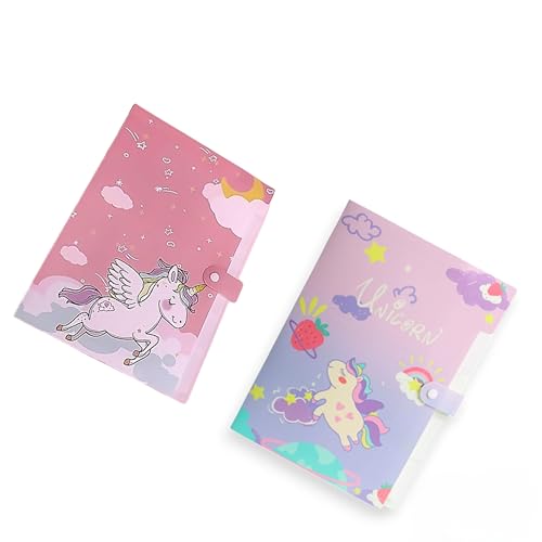 Image of Unicorn Theme A4 File Folder with Button Lock | 6 Pocket Expandable Document Organizer | Multi Color Certificate Holder for Office, School & Home (Random Design, Purple & Green)