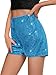 Haloumoning Girls High Waist Sequin Shorts Elastic Straight Leg Sparkly Glitter Party Shorts 5-14 Years Blue