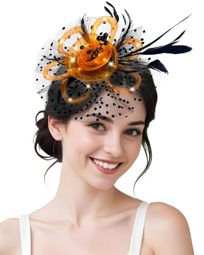 Bniksok Halloween Tea Party Fascinator Hats for Women Cocktail Wedding Halloween 1920s Black Orange