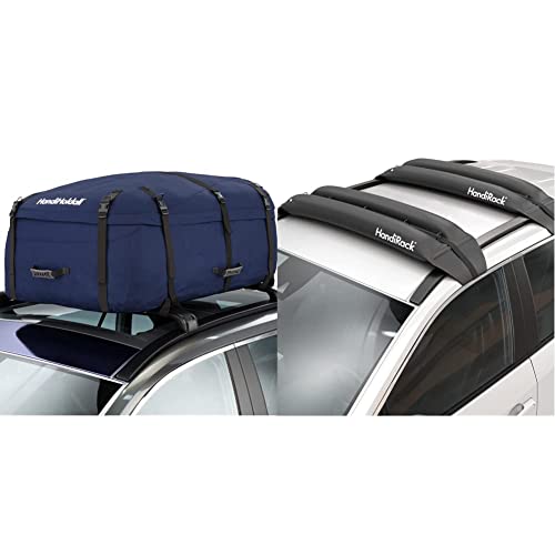 HandiWorld HandiRack Barres de Toit Universelles Pour Voiture; Noire & HandiHoldall Grand Coffre de Toit Souple, Sac de Toit Pliable Résistant aux Intempéries avec Base Solide, Bleu Marine, 330 Litres Cover
