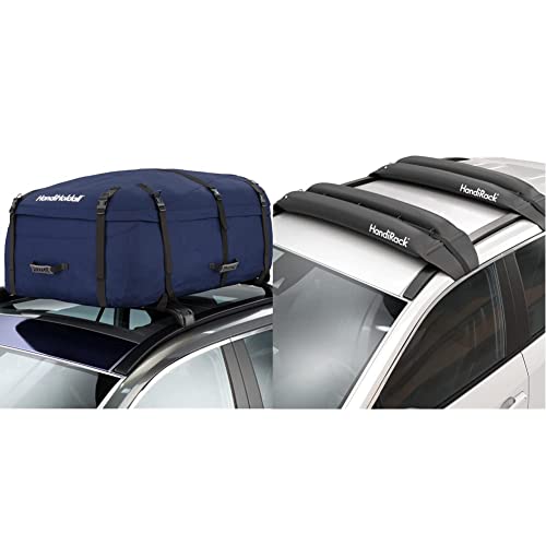 HandiWorld HandiHoldall Large 330 Litres Soft Roof Box; Foldable Weather Resistant Roof Bag with Solid Base; Navy Blue & HRACK HandiRack Universal Car Roof Rack; Quick Fit Heavy-duty Roof Bars; Black