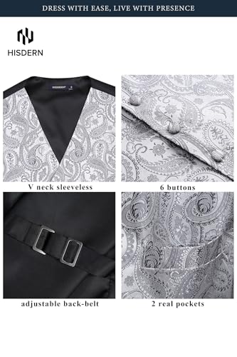 Image of HISDERN Mens Vest Tie Set 3PC Formal Waistcoat Paisley Floral Jacquard Necktie Pocket Square Suit Vests Wedding Party