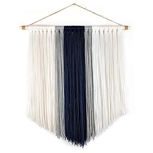 KRASKA Boho Wall Decor Hanging - Yarn Wall Hanging Decor Boho Tapestry - Hippie Decor Knitted Cute Chic Wall Art Boho Decor Bedroom - Boho Macrame Wall Hanging Size 17.5 x 24 inch Navy and White