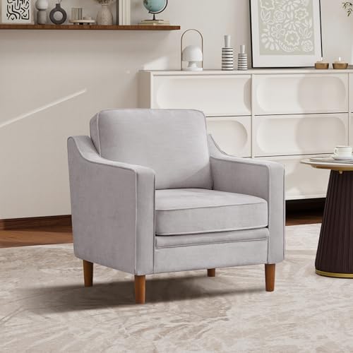 Image of Kingfun Accent Chair, Living Room Chairs, Mid Century Reading Armchair, Chenille with Solid Wood Foot, Upholstered Modern Decor for Bedroom, Apartment