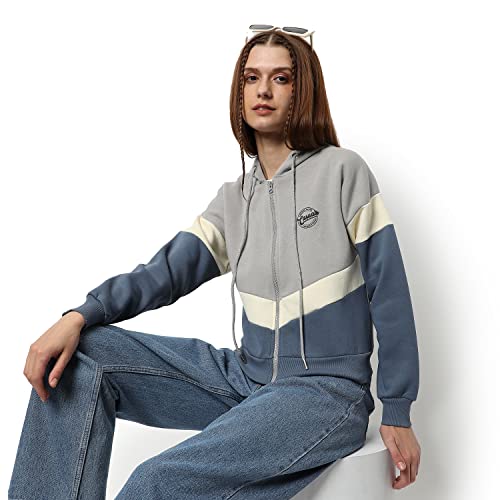 Image of Campus Sutra Women Grey Colour-Block Regular Fit Zipper Sweatshirt with Hoodie for Winter Wear | Full Sleeves | Cotton Sweatshirt | Casual Sweatshirt for Woman | Stylish Sweatshirt for Womens