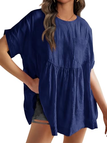 Tankaneo Womens Summer Babydoll Tops Short Sleeve Crew Neck Tunic