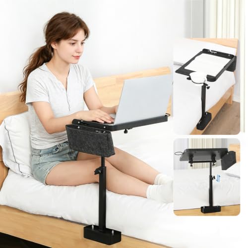 Image of Adjustable Bedside Shelf, Clamp-On Bed Table with Rotating Top for Dorm | Height Adjustable • 360 Rotating Top • Heavy-Duty Metal Frame • Fits Most Bed Rails • Easy Clamp Installation