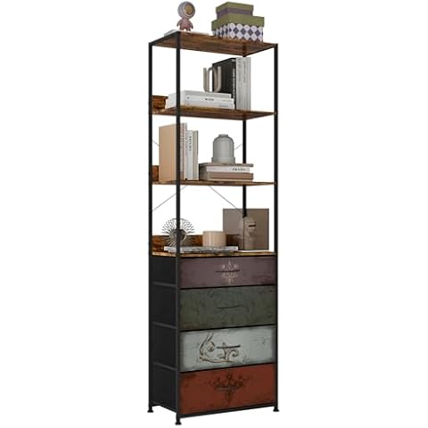 VASICAR 4-Tier Bookshelf with 4 Drawers, Industrial Free Standing Open Bookcase, Wood Storage Organizer Shelf, Tall Dresser with Shelves for Bedroom, Living Room, Home, Office, Kitchen Cover