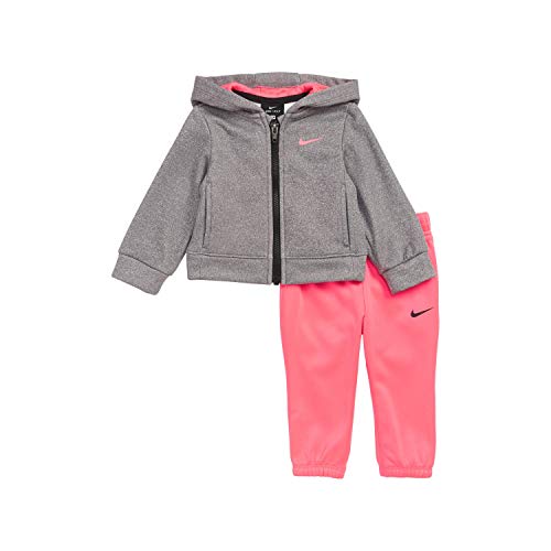 Nike Baby Girl Therma-FIT Hooded Jacket & Pants Track Suit Set (12 Months, Gray Pink)