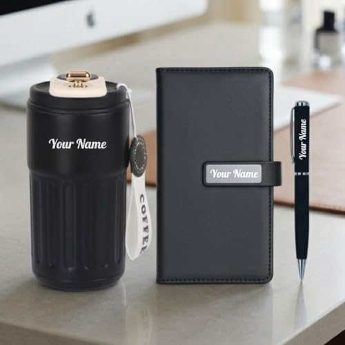 Image of Giftana Personalized Diary with Pen, Coffee Tumbler with Name, 3 in 1 Diary, Pen, Tumbler, Personalized Gifts for Husband Birthday, New Year Corporate Gifts for Employee (Black 4)