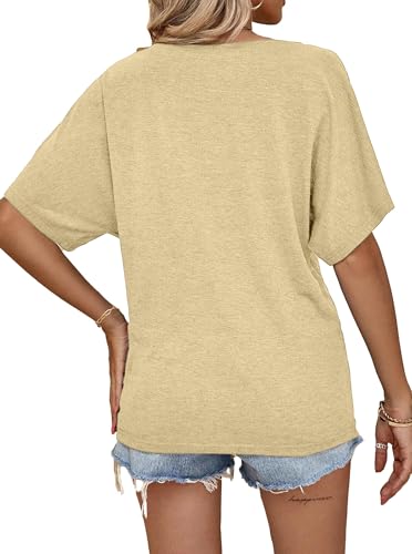 Image of Hilinker Womens Sexy Off The Shoulder Tops Short Batwing Sleeve T Shirt Oversized Casual Tee Beige Large