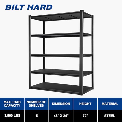 Image of BILT HARD 5-Tier 48 inch W x 24 inch D x 72 inch H Garage Shelving, 3500 lbs Industrial Heavy Duty Storage Shelves, Metal Shelving Units with Adjustable Shelf, Steel Utility Shelves for Garage