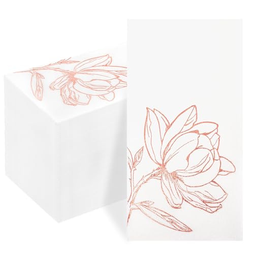Joyido 50 Pack Rose Gold Napkins - Magnolia Disposable Napkins - Cloth-Like Feel Dinner Paper - Heavy Duty Floral Hand Towels for Bathroom Wedding Holiday Party Bridal Decorative Towels