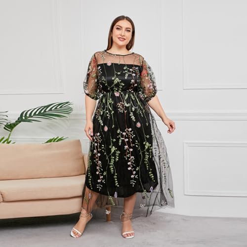 1/2 Sleeve Floral Embroidery Dress for Women Plus Size Embroidered Tulle Dress Mesh Wedding Guest Cocktail Party Long Dress2