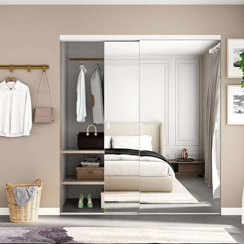 JUBEST Mirror Closet Doors 72x80 One Side Sliding Closet Door with Hardware Kit Interior Steel Frame Bypass Sliding Door for Closet Easy to Install