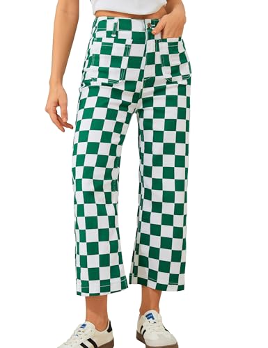 Odefou Cropped Jeans for Women Checkered Pants Casual High Waisted Stretchy Straight Leg Trousers with Pockets(Green Checkered 8)