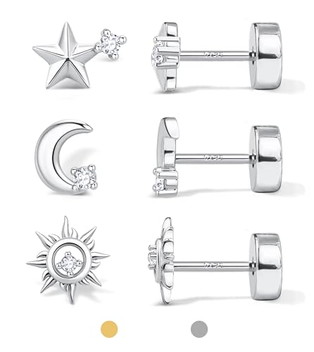 Dochais Flat Back Stud Earrings for Women and Men, Hypoallergenic 14k Gold Plated 925 Sterling Silver Post Stud Earrings Set, Gold and Silver Earrings with Screw for Sensitive Ears, Ideal for Helix, Tragus, and Cartilage Piercings
