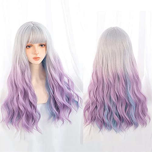 Perruque synthétique longue ondulée avec frange dégradé blanc violet