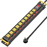 10 Outlet Heavy Duty Power Strip with Individual Switches, Metal Surge Protector Power Strip Flat Plug,3300J 15A/1875W Overload Protection, 6FT Cord Management, Wall Mount,Wide Spaced