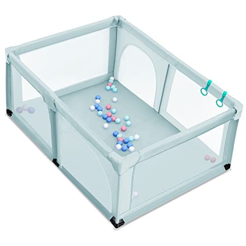 COSTWAY Parque de Juegos para Niños,190x120x69cm, Centro Actividad Portátil y Seguro para Niños, Parque para Niños con Cerca, Valla Extra para Interior Exterior con Red Transpirable (Azul)