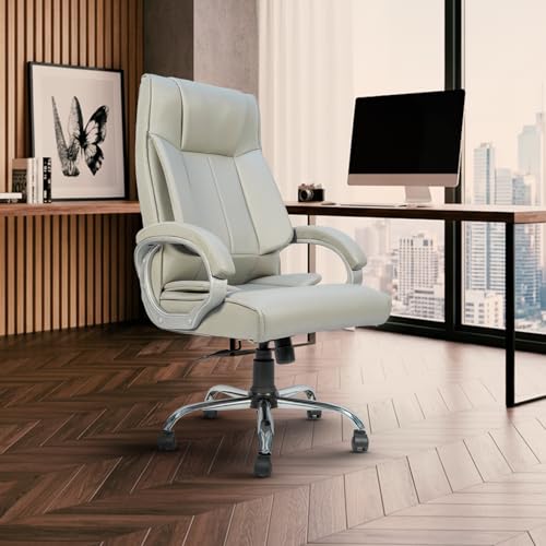 Image of CELLBELL BossPro Fabric Office Chair High Back Ergonomic Executive Boss Chair with Memory Foam Cushion Lumbar Support Chrome Base Hydraulic Tilt Rocking Function 120kg Capacity (White)