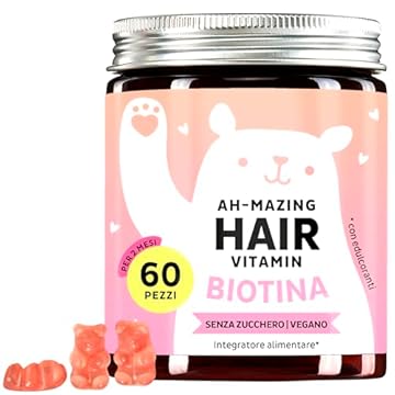 Caramelle Gommose Biotina Ah-mazing Hair – Vitamine per Capelli, Pelle e Unghie – 5000 µg di Biotina (B7), Zinco, Vitamine B6, B9, C, E – 60 Pezzi (2 Mesi), Vegane, Senza Zucchero, Bears with Benefits