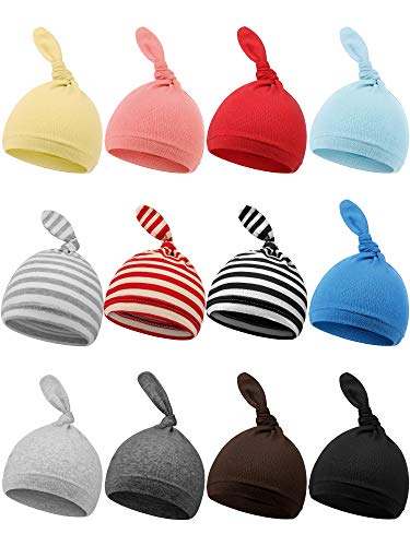 Syhood 12 Pieces Newborn Hat Autumn Winter Baby Knot Beanie Baby Boys Girls Hats 0-6 Months