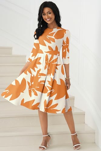 Image of Runwind Vintage Dress for Women - 3 /4 Sleeve Casual A-Line Wedding Guest Cocktail Dress with Pockets