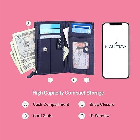 Image of Nautica High Tide Small Wallet for Women, RFID Blocking Slim Credit Card Holder with Zipper Coin Pocket, Bifold Compact Wallet with ID Window, Indigo