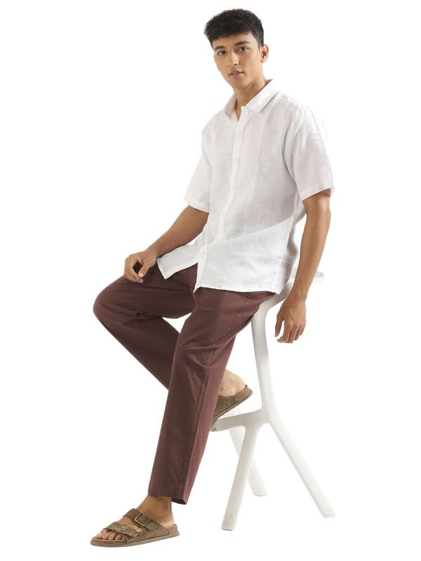 Image of SAADAA Men's 100% Cotton Pants | Mid-Rise Straight Fit Casual Trousers with Elastic Waistband and 3 Pockets | Everyday Wear