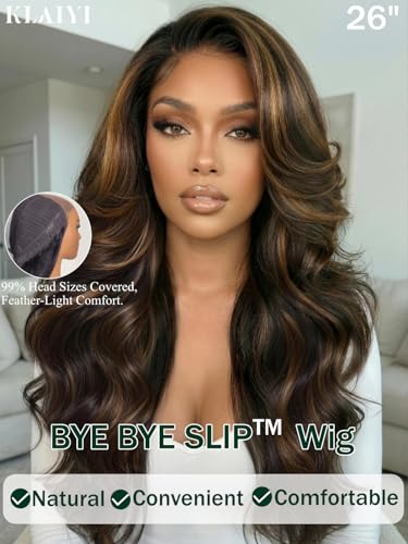 Image of KLAIYI Bye Bye Slip Golden Brown Highlight Body Wave Glueless Precut 7x5 Lace Front Wigs Human Hair Drawstring Pre Plucked Bleached Knots Ombre 3S Ready to Wear and Go Wig with Dark Roots 180% 18Inch