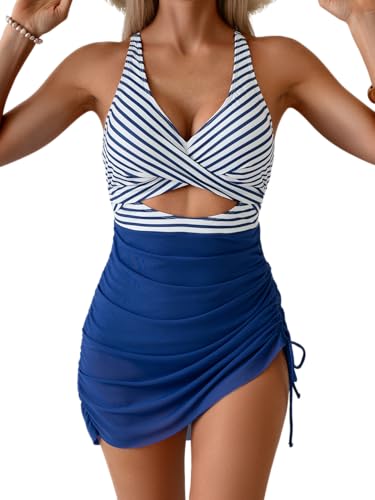 Image of B2prity Women Mesh One Piece Swimdress Swimsuit Tummy Control V Neck Cutout Bathing Suit Wrap Drawstring Sarong Swimwear