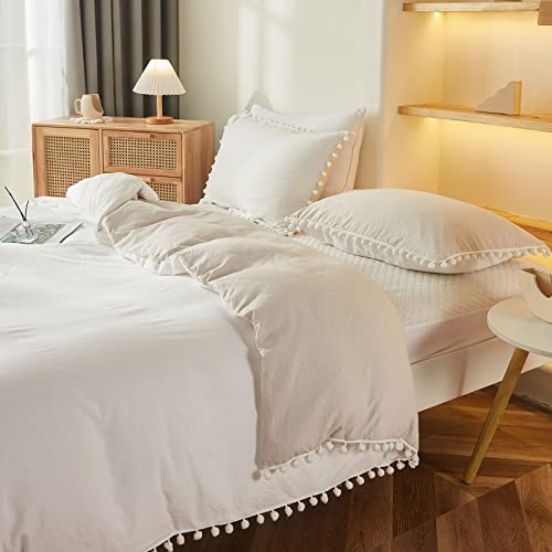 White And Beige Reversible Pom Pom Comforter Set Queen Size And Body Pillow Case Bundle #TOP1