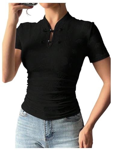 Camiseta de lino transpirable contra el calor con cuello alto y botones