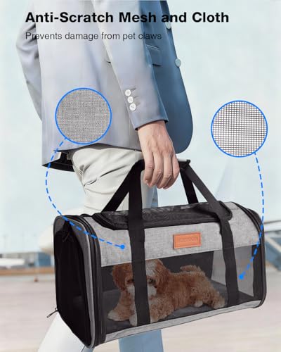 Image of Pet Carrier Airline Approved for Pets Up to 10 Lb, 17x11x9.5 in | Underseat, Top & Side Entry Soft Dog Cat Travel Carrier with Safety Zippers & Anti-Scratch Mesh for Small Cat and Dog, Grey