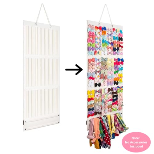 Image of HASTHIP Hair Accessories Organizer for Girls Bow Hair Clip Storage Hairband Organizer 3-Layer Large Capacity Wall Hanging Bows Holder Displaying Rack for Baby Girl Kids Women-White