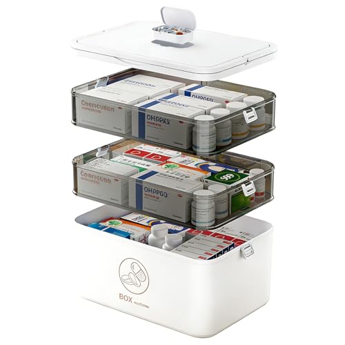 3-Tier Portable Medicine Cabinet Organizer with Plastic Handle 40.5 x 22 x 28 cm Empty First Aid Kit for Home All-Purpose Medical Box with Complimentary Portable Pill Box for Family Emergencies