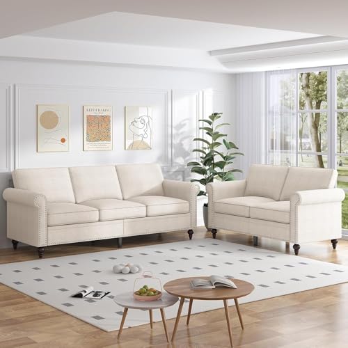 Image of ijuicy 2-Piece Sectional Sofa Set, Modern Linen Upholstered Couch Set with 5 inch Thicken Cushion & Nailhead Trim, Living Room Furniture Set-Loveseat and 3 Seat Sofa (Beige)