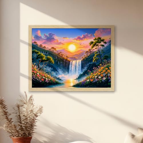 Image of ArtX Rising Sun Painting For Vastu, Big Size Wall Art, Waterfall Painting Vastu, Rising Sun Wall Decor, Multicolor, Nature, 61.0 X 48.0 cm, Canvas, Set of 1