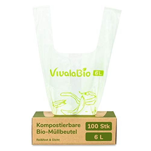 Bio Müllbeutel mit Henkel 6L 10L 100 Stück 100% kompostierbar, reißfeste und dichte Biomüllbeutel Biotüten für Bio Mülleimer, Kompost