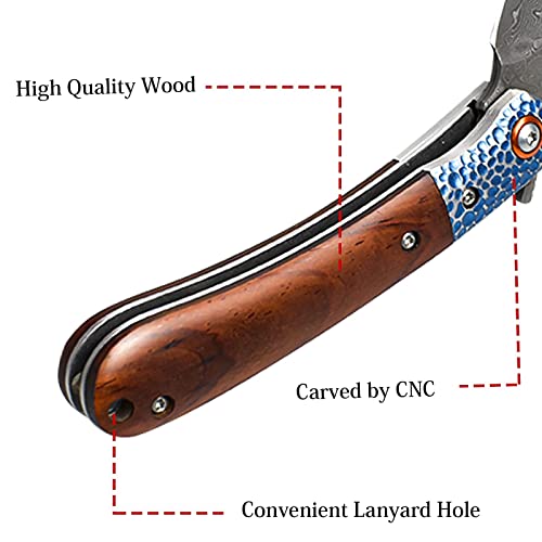 Aubey Damascus Folding Pocket Knife With Leather Sheath And Wooden Handle For Men Collection, Edc Damascus Knife With Liner Lock And Flipper For Outdoor Survival Camping #TOP7
